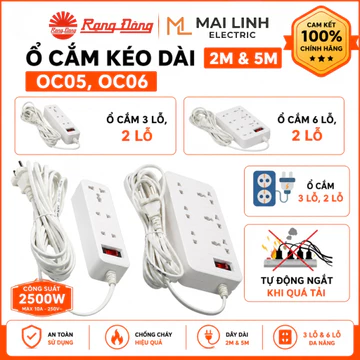 [Chính Hãng] Ổ cắm điện di động 2500W Rạng Đông - kéo dài 2m và 5m -6 lỗ cắm và 3 lỗ cắm -Ổ 3 chấu đa năng -OC05 -OC06