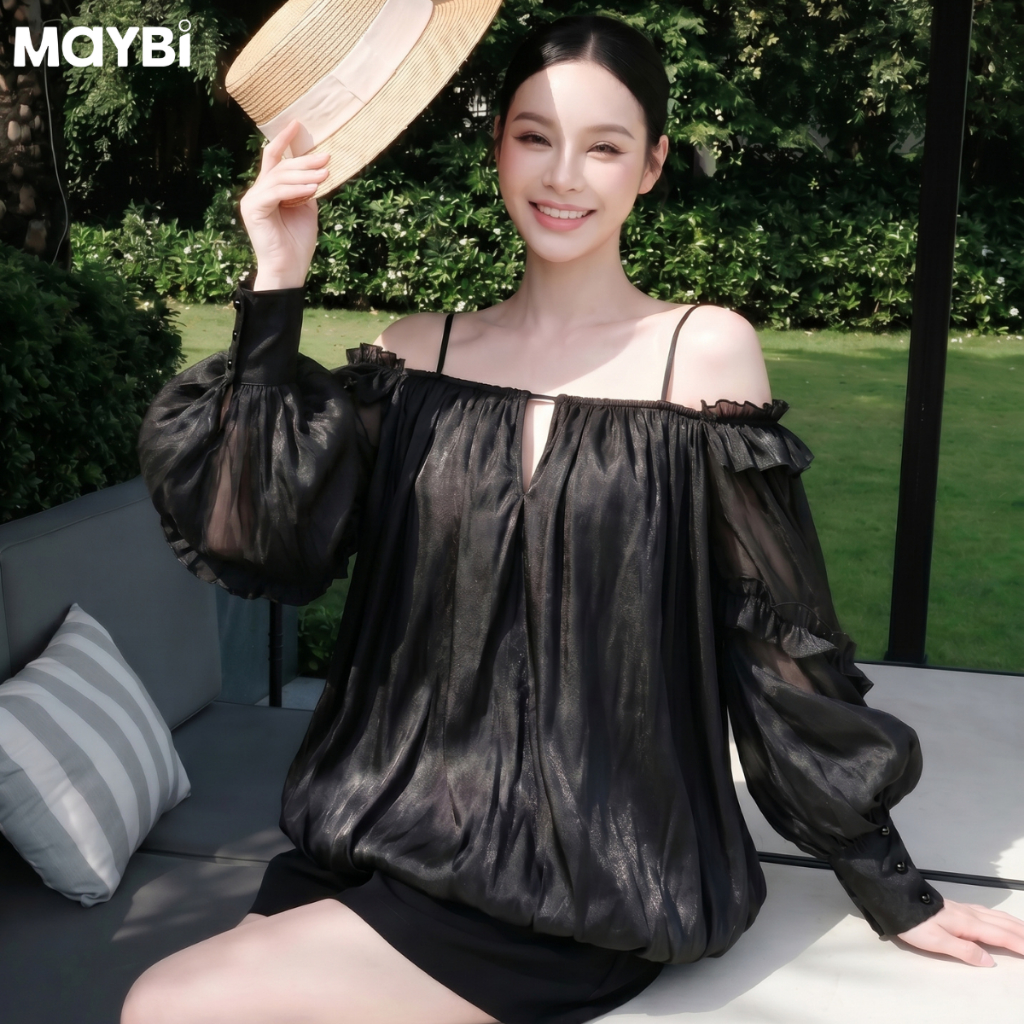 MAYBI Set áo bẹt vai tằm ánh và quần short tafta Serena