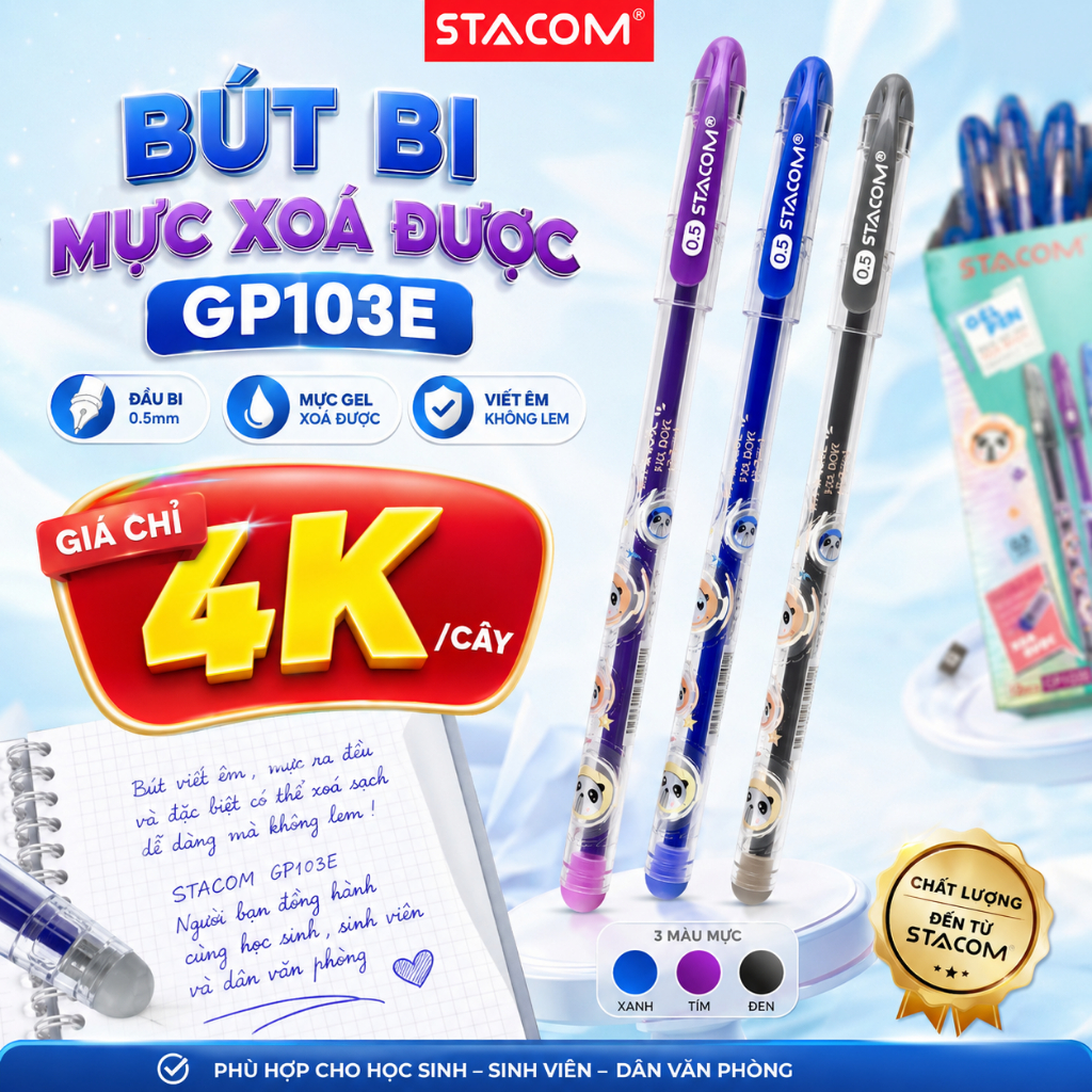 [ĐỒNG GIÁ 4K VNĐ/CÂY] Bút mực gel Stacom GP103E xóa được, đầu 0.5mm với 03 màu mực xanh, tím, đen | Giảm Sốc