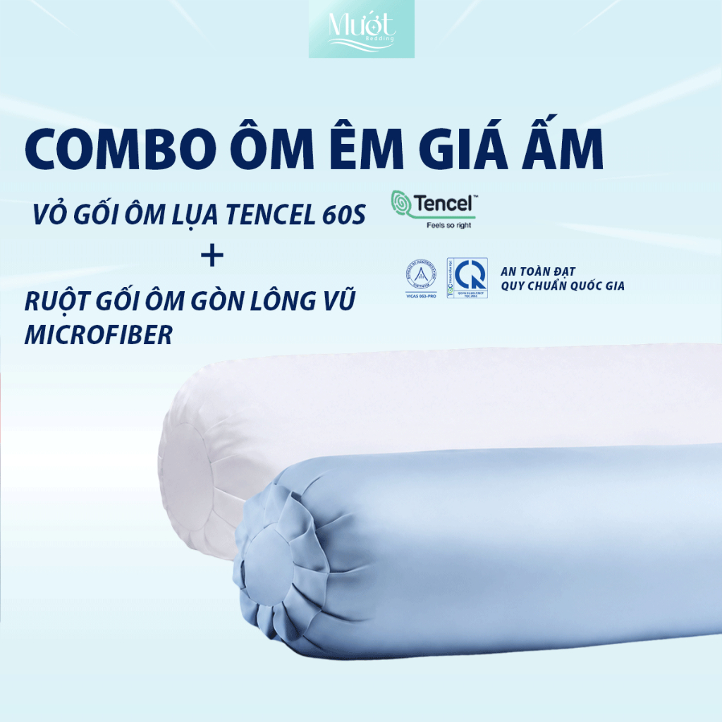Combo Gối ôm Cao Cấp Mướt Bedding - Vỏ Gối ôm Lụa Tencel 60s + Ruột Gòn Lông Vũ Nhân Tạo Chuẩn Khách Sạn 5 Sao Cao Cấp