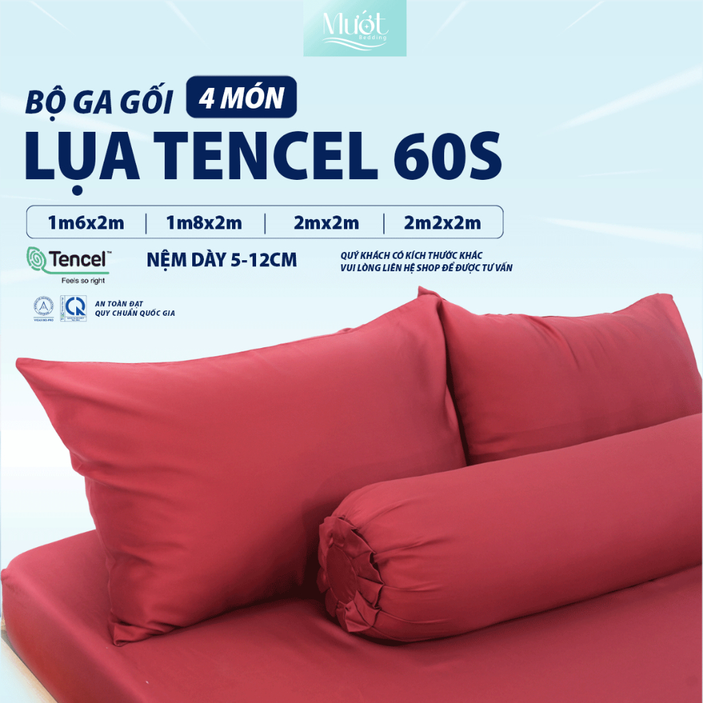 Bộ ga gối 4 món nệm kích thước 1m6x2m, 1m8x2m, 2mx2m, 2m2x2m (Dày 5-12cm) Lụa Tencel 60s Mướt Bedding cao cấp trơn màu | BigBuy360 - bigbuy360.vn