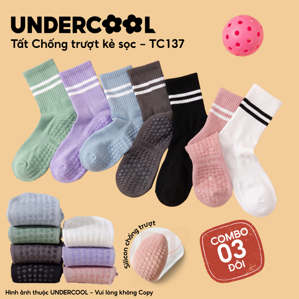 Combo 3 Đôi Tất Chống Trượt Yoga Pilates Kẻ Sọc UNDERCOOL Có Hạt Silicon Cao Cấp Thoáng Khí -TC137