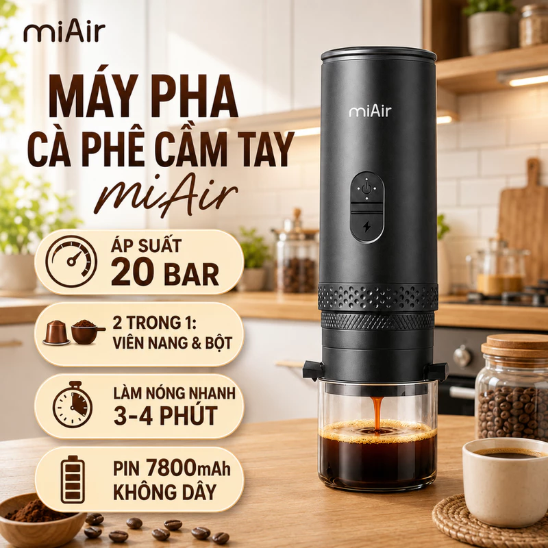(Có quà tặng) miAir Máy pha cà phê di động tự động, làm nóng trong 4 phút, thích hợp cho cà phê viên nén/cà phê bột. — ảnh 1