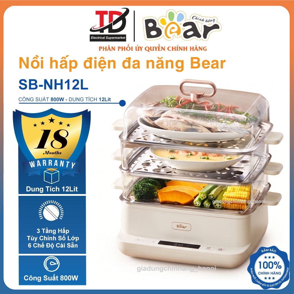 Nồi Hấp Điện 3 Tầng Bear SB-NH12L, 12Lit - 6 Chế Độ Hấp, Hàng Chính Hãng
