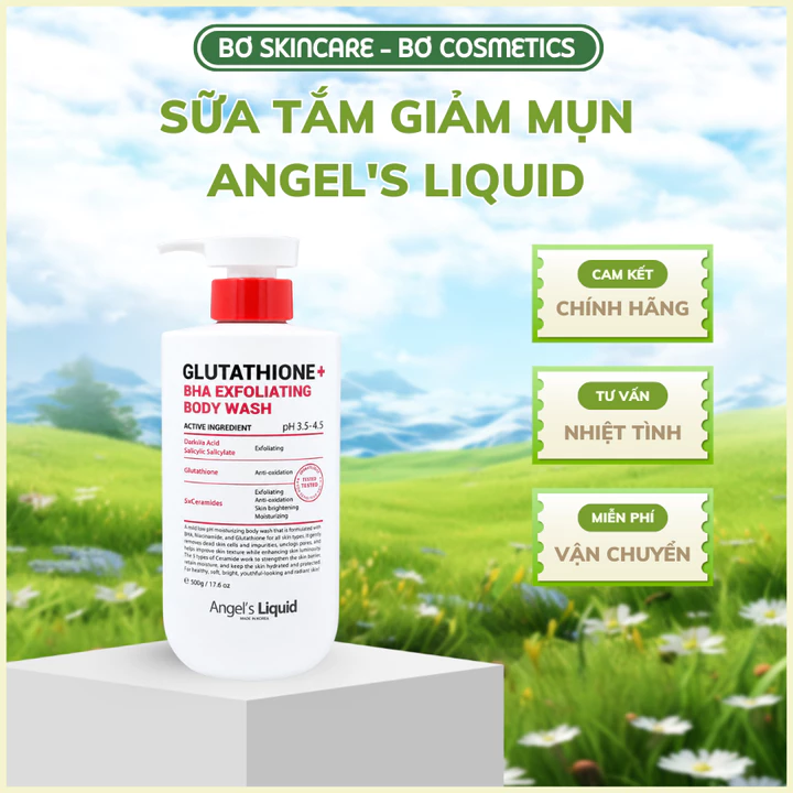 SỮA TẮM GIẢM MỤN, DỊU ẨM LÀN DA ANGEL'S LIQUID GLUTATHIONE + BHA EXFOLIATING BODY WASH 500g