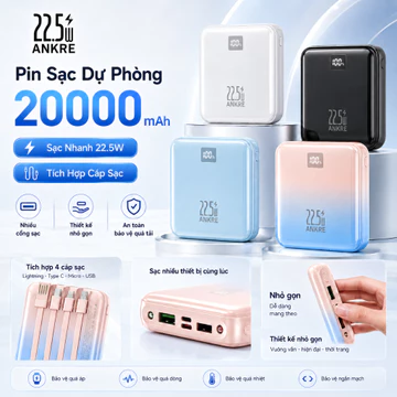 Pin Sạc Dự Phòng ANKRE 20000mAh Sạc Nhanh 22.5W, Tích Hợp 4 Dây Sạc, Màn Hình LED Hiển Thị Pin, 2 Đèn Pin, Nhiều Cổng Ch