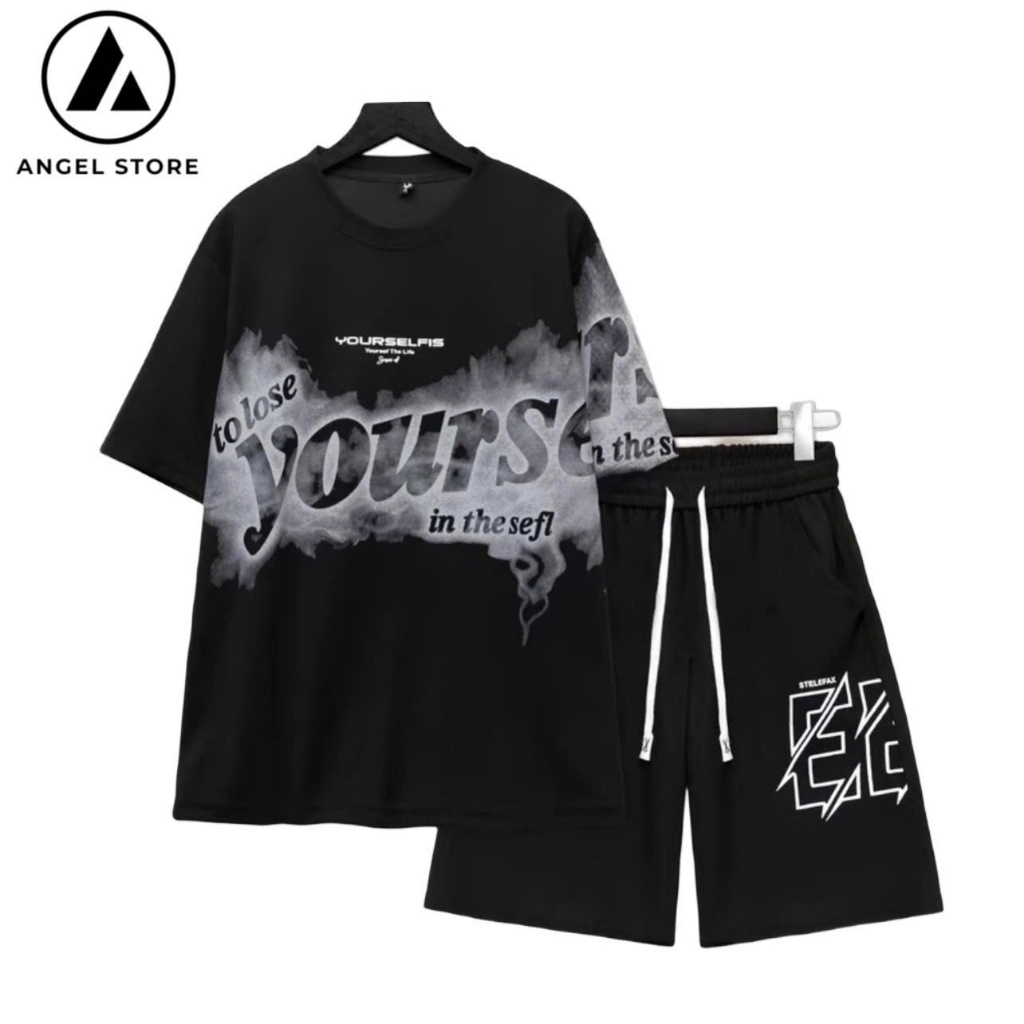 Bộ quần áo nam nữ ANGEL cổ tròn cộc tay in chàm chữ YOURSE, vải tổ ong lỗ nhỏ thoáng mát