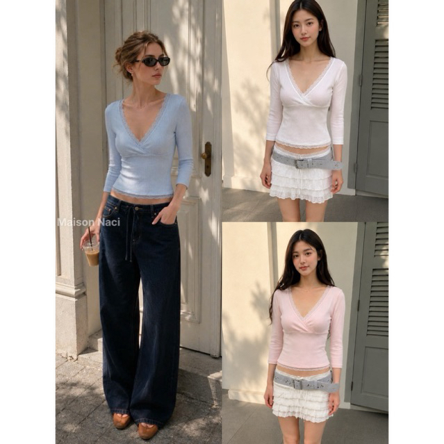 Áo Thun Tay Lửng Cotton Organic Thông Hơi Cao Cấp Cổ Tim Phối Ren Ôm Dáng Hàn Quốc Âu Mỹ