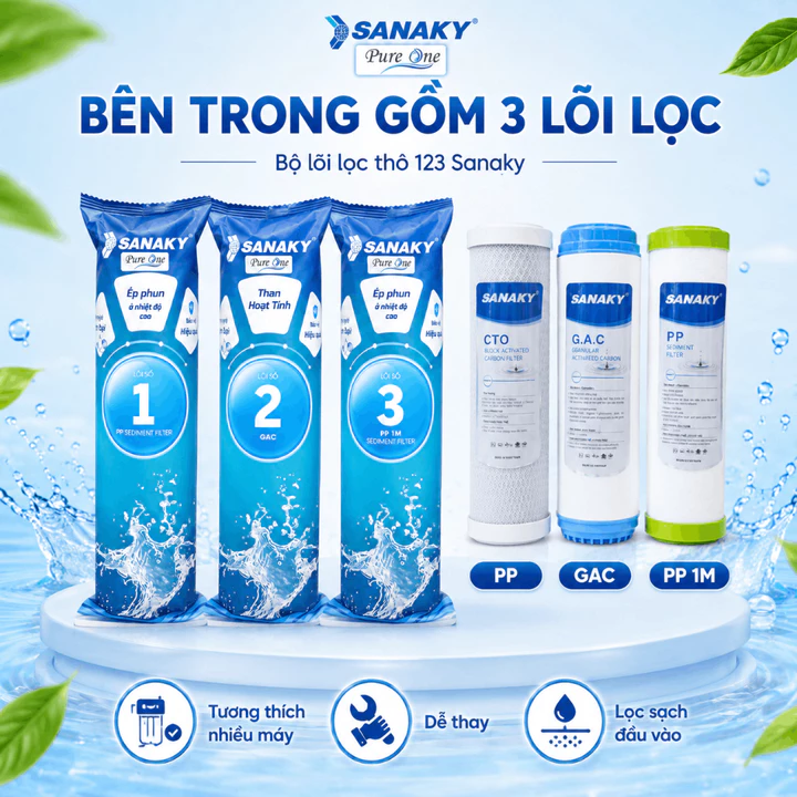 Bộ lõi lọc thô 123 Sanaky cho máy lọc nước RO gia đình lõi PP than hoạt tính dễ thay – 2