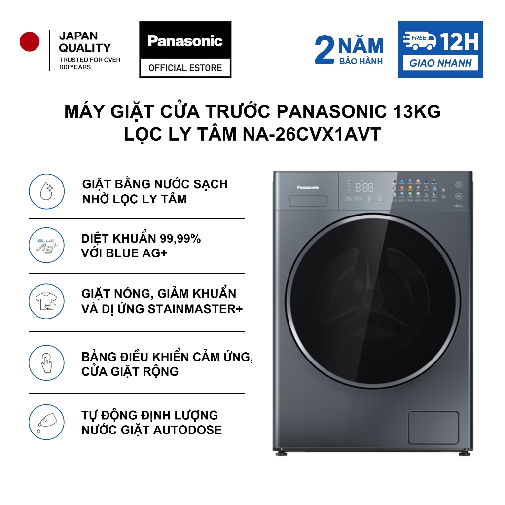 Máy giặt cửa trước Panasonic 13kg NA-26CVX1AVT - Giặt lọc ly tâm - Diệt khuẩn toàn diện
