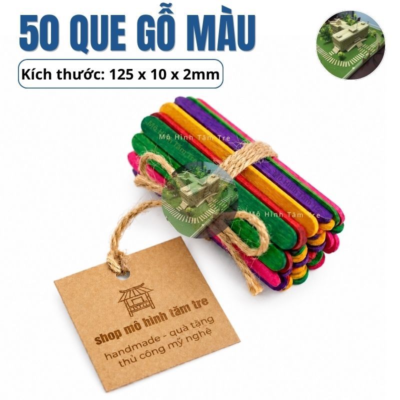 50 Que kem gỗ màu 12.5cm, que kem màu handmade
