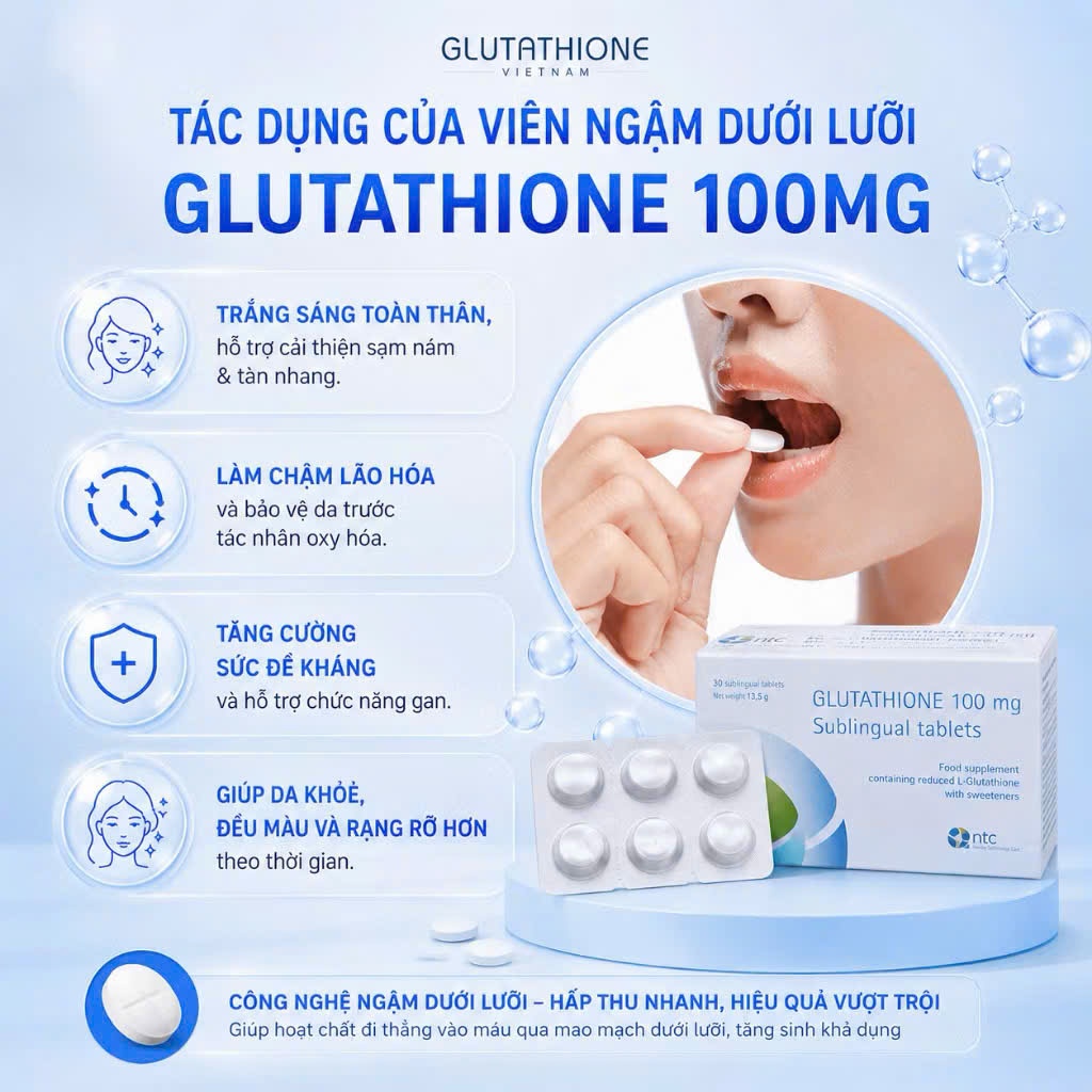 Viên Ngậm Trắng Da Dưới Lưỡi Glutathione 100mg Nhập Khẩu Italy