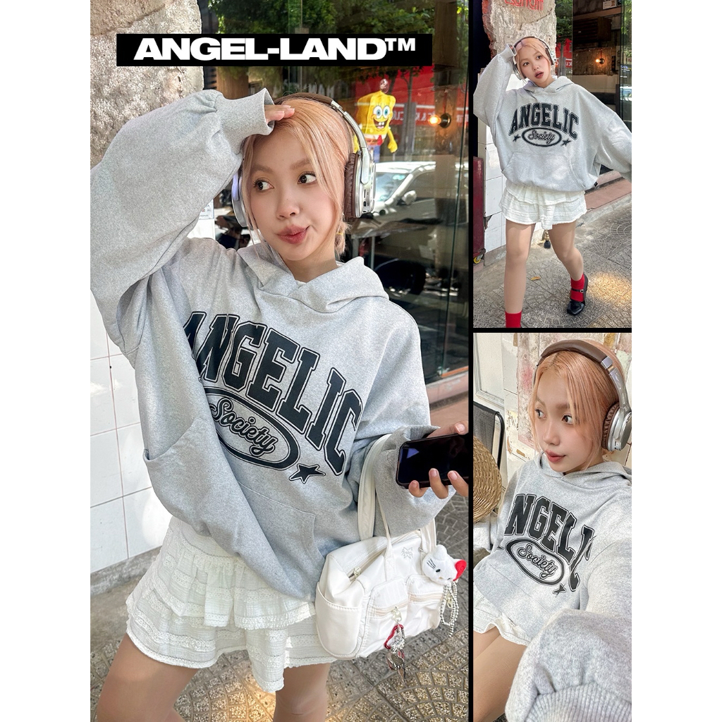 Áo HOODIE FORM BOXY nỉ chân cua ANGELIC SOCIETY màu Xám Tiêu Dày Cotton Chính Hãng Angel Land
