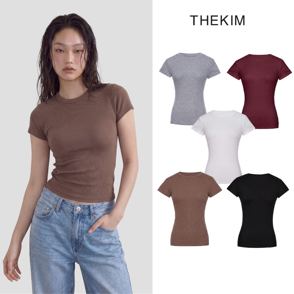 THEKIM Áo thun tăm ngắn tay cổ tròn , áo thun tăm trơn cộc tay A166 dáng thường