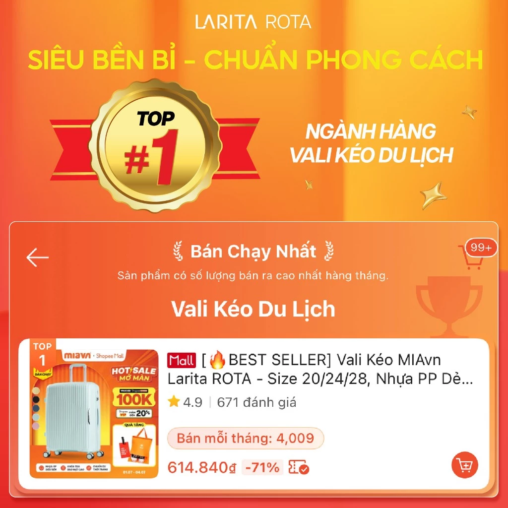 [🔥BEST SELLER] Vali Kéo MIAvn Larita ROTA - Size 20/24/28, Nhựa PP Dẻo Siêu Bền, Hạn Chế Bể, Khoá TSA, Bảo Hành Trọn Đời
