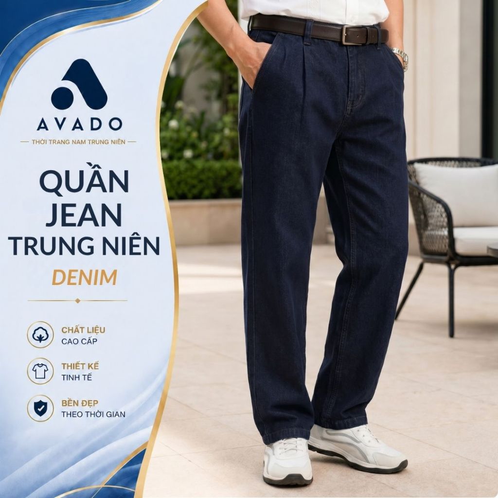 Quần Jeans Dài Nam Trung Niên Form Suông Thoải Mái, Che Khuyết Điểm Tốt QUAN15.