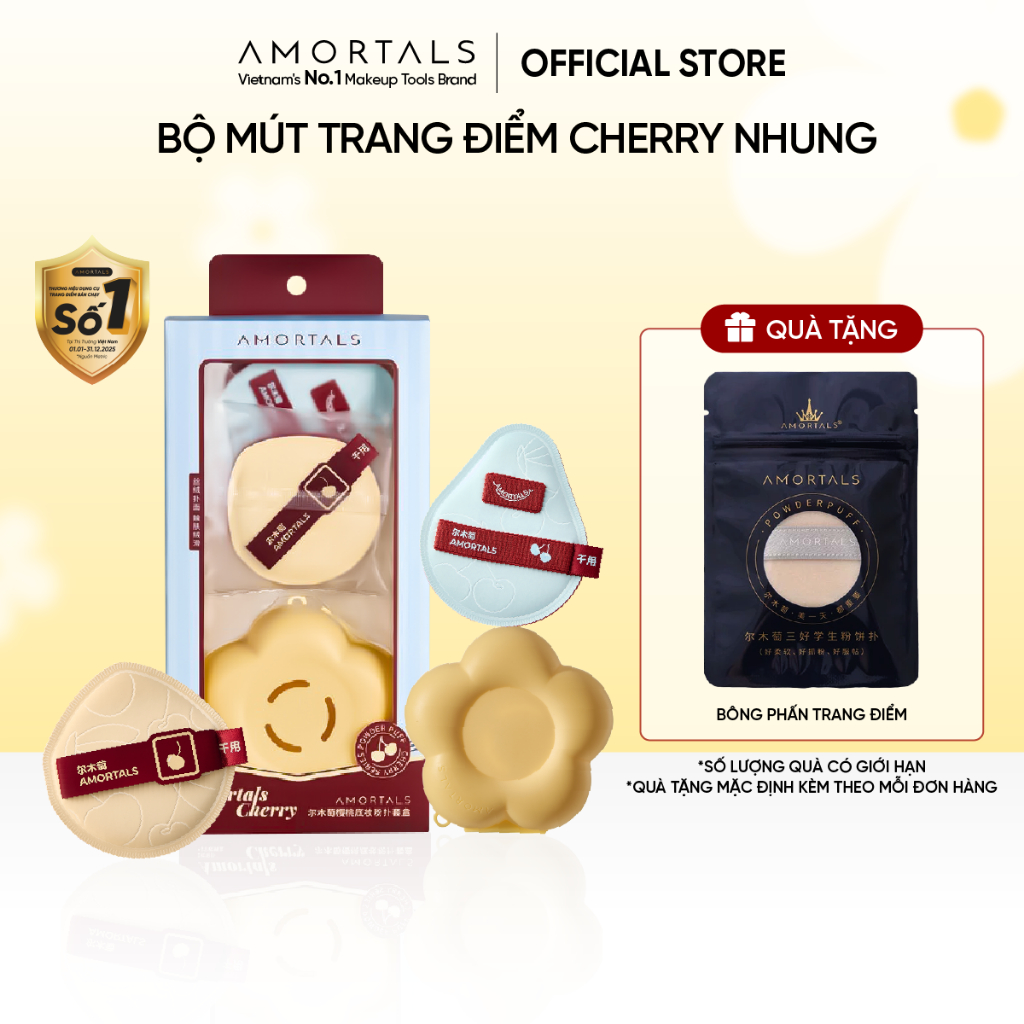 Bông Mút Trang Điểm Amortals Cherry Series – Bề Mặt Nhung Mịn, Đàn Hồi, Tán Nền Nhanh, Không Hút Kem, Kèm Hộp