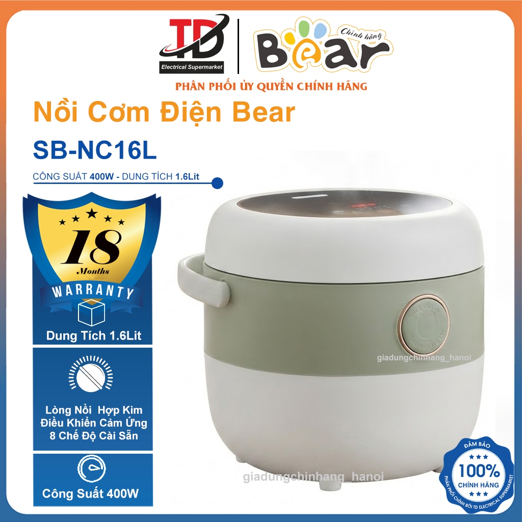 Nồi Cơm Điện Tử Mini BEAR SB-NC16L, Lòng Nồi 0.8Lit Cảm Ứng Cảm Biến Nhiệt Chống Trào Giữ Ấm Hẹn Giờ 12 Tiếng