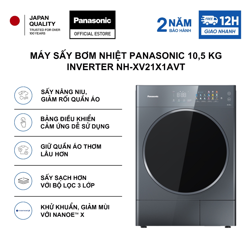 Máy sấy bơm nhiệt Panasonic 10,5 kg với 3 động cơ Inverter NH-XV21X1AVT-Diệt khuẩn hiệu quả với Nanoe™