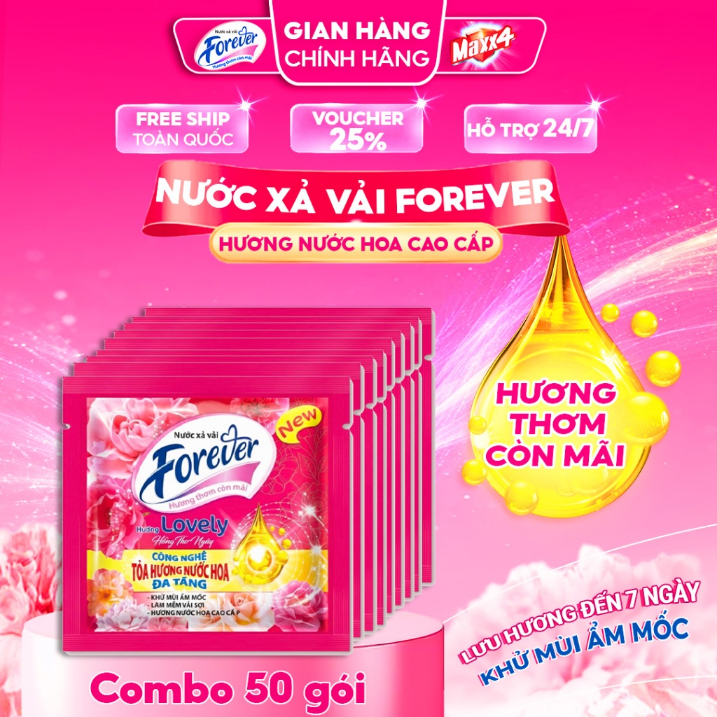 Combo 50 Gói Nước Xả Vải Forever Hương Hương Hoa Cao Cấp - Gói 20gr Tiện Lợi - Tiết Kiệm