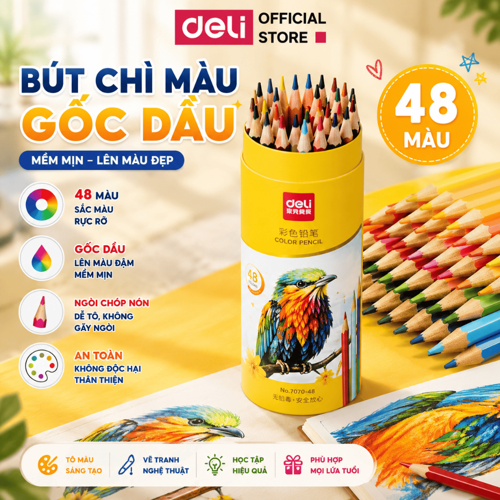 Bút Chì Màu Gốc Dầu Dạng Cốc/Lon 48 Màu Sắc Tươi Sáng An Toàn Cho Bé Vẽ Thiết Kế Phác Họa Tô Màu Mềm Mư