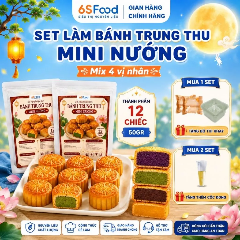Set Nguyên Liệu Làm Bánh Trung Thu Nướng Mini Mix 4 Vị Thành Phẩm 12 Chiếc 50gr - Nhà 6SFOOD