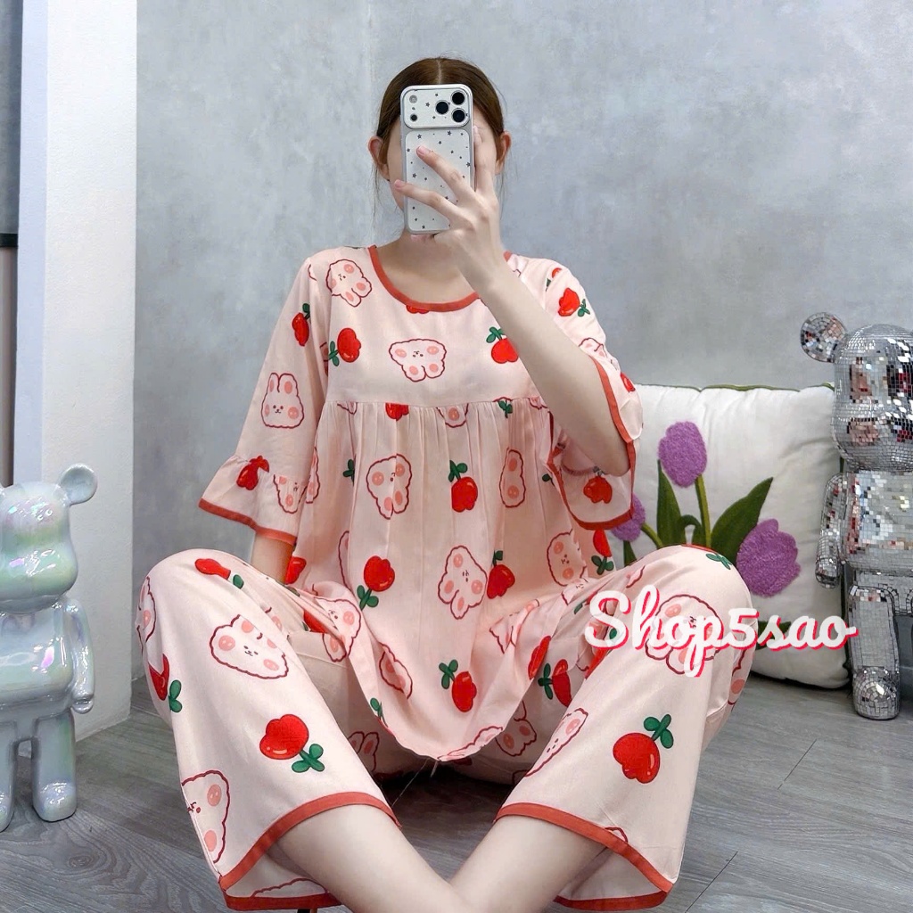 Đồ bộ tole lanh nữ mặc nhà VNXK quần 8 tấc, áo tay lỡ viền màu, vải mềm mịn, thoáng mát Shop5sao
