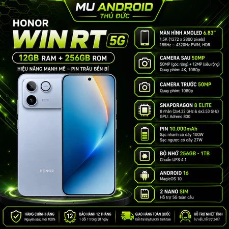 Điện Thoại Honor WIN RT 12+512GB New Seal (Snapdragon 8 Elite, Pin 10000mAh), BH 12 Tháng