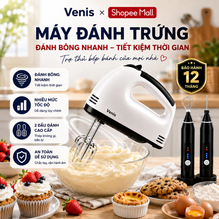 Máy Đánh Trứng Cầm Tay 7 Tốc Độ Tặng 4 Đầu Đánh Cao Cấp, Hoạt Động Êm Ái