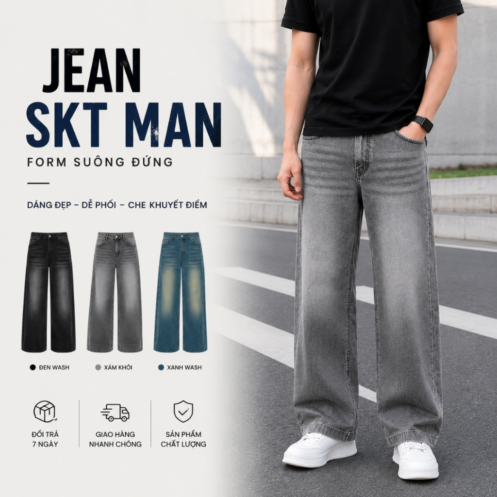 Quần Jean Ống Suông Form Rộng Màu Xám,Phong Cách Retro, Chất Bò Nam Nữ-JEANSKT