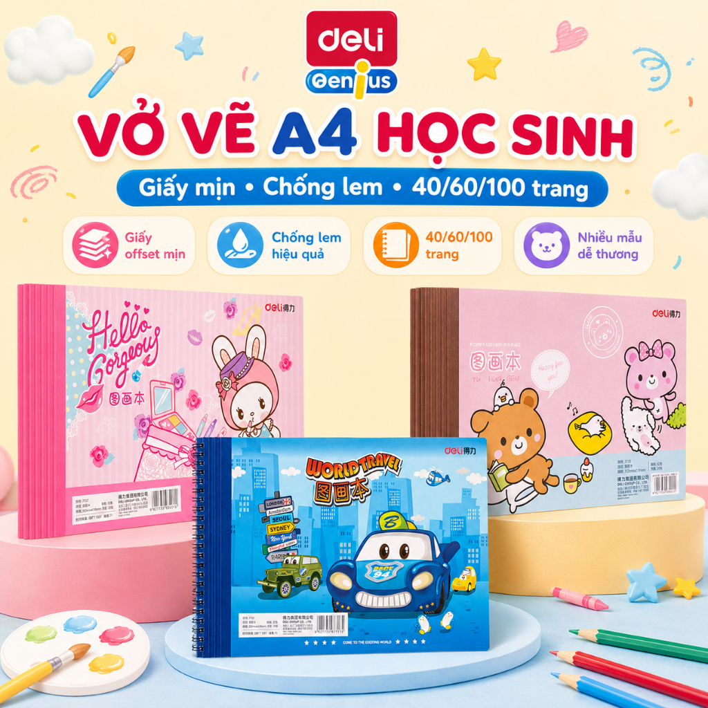 Và Vẽ A4 Deli giấy mịn chống lem 40/60/100 trang - Nhiều Màu sắc Cho Bé Vẽ Tranh Tô Màu Sáp Bút Chì Màu