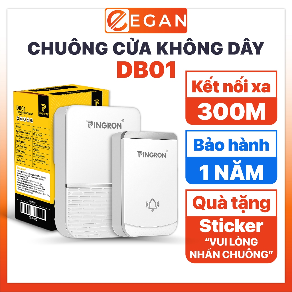 Chuông cửa không dây cao cấp Pingron PR-DB01 chống nước tốt, kết nối xa 300m, bảo hành 1 đổi 1
