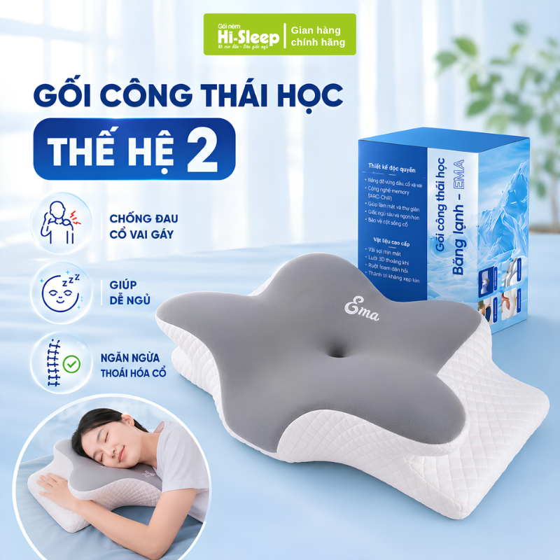 Gối Công Thái Học Thế Hệ 2 EMA Gối Ngủ Nhanh Sâu Giấc Chống Đau Mỏi Cổ Vai Gáy Cao Su Non Cao Cấp