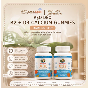 [Hàng Mỹ] Kẹo dẻo K2D3 Canxi Mary Ruth’s K2D3 Calcium Gummies- Hỗ trợ hấp thu Canxi Phát triển chiều cao cho bé từ 2y+