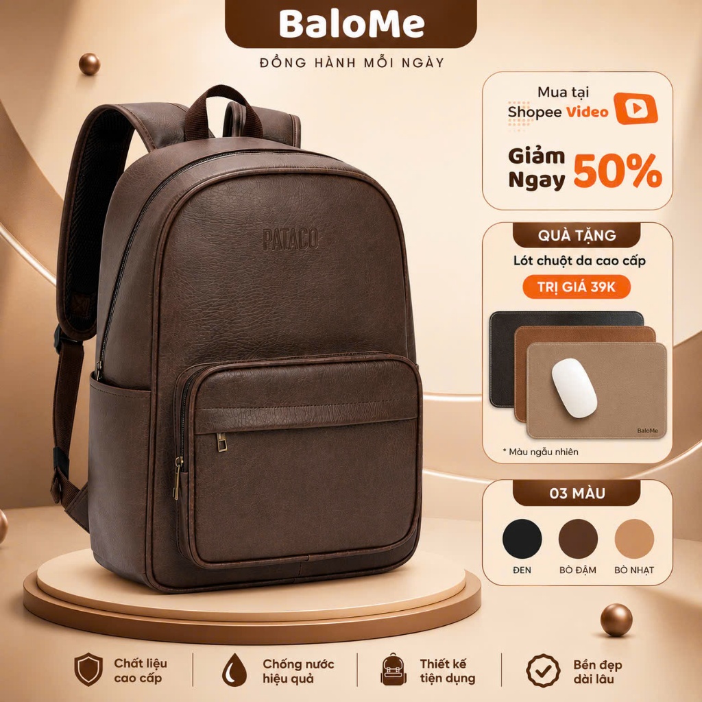 Balo Da Nam Nữ thương hiệu PATACO đựng vừa laptop 13inch đến 16inch , kiểu dáng đơn giản mã PTC01