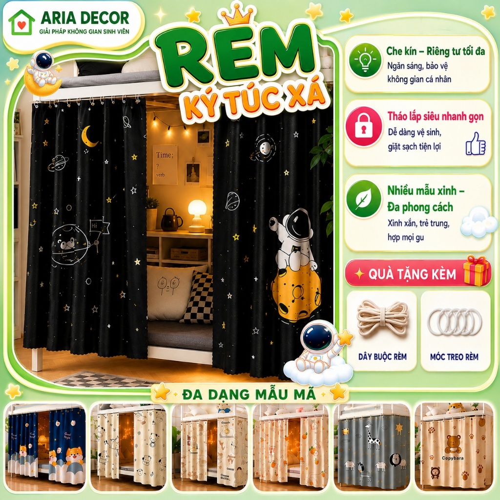 [Sẵn hàng – Quà] Rèm giường tầng ktx sinh viên 1 lớp ARIA DECOR, rèm KTX che ánh sáng, chống muỗi