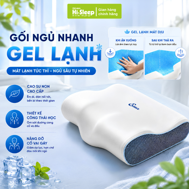 Gối Ngủ Nhanh Gel Lạnh HI-SLEEP - Gối Nằm Cao Su Non Có Gel Tản Nhiệt, Vỏ Băng Lạnh Độ 4 Chính Hãng