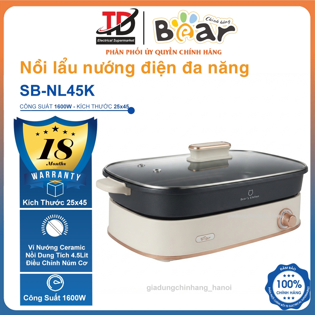 Nồi Lẩu Đa Năng Bear SB-NL45K, 4.5Lit 1600w, 6 Chức Năng Lẩu Chiên Nướng, Hàng Chính Hãng