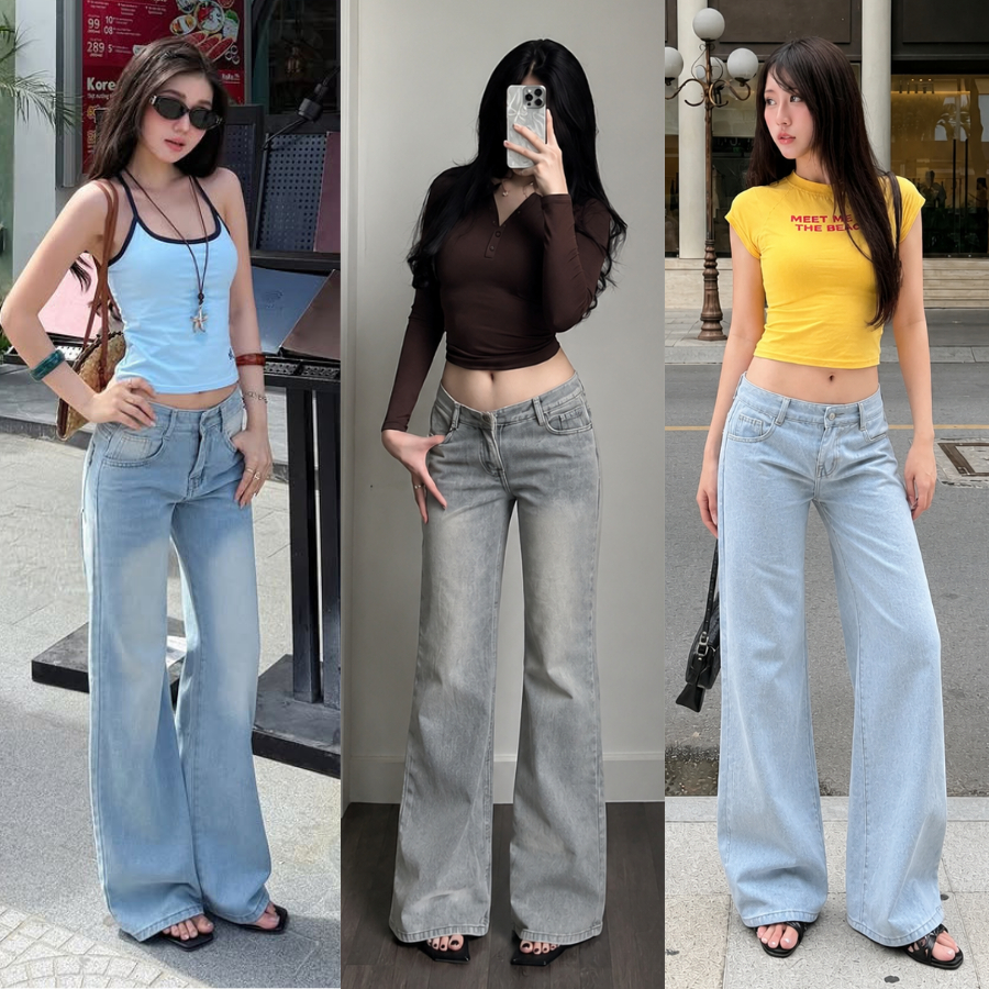 Quần Jean Cạp Trễ Màu Xanh Trắng RINAA Form Ống Suông, Quần Bò Nữ Cạp Thấp Y2K Basic Tôn Dáng