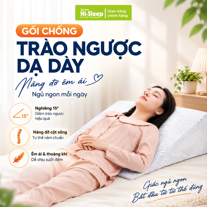 Gối Chống Trào Ngược Dạ Dày HI-SLEEP 70x60x14cm Gối Chống Trào Ngược Người Lớn Foam Than Tre Cao Cấp