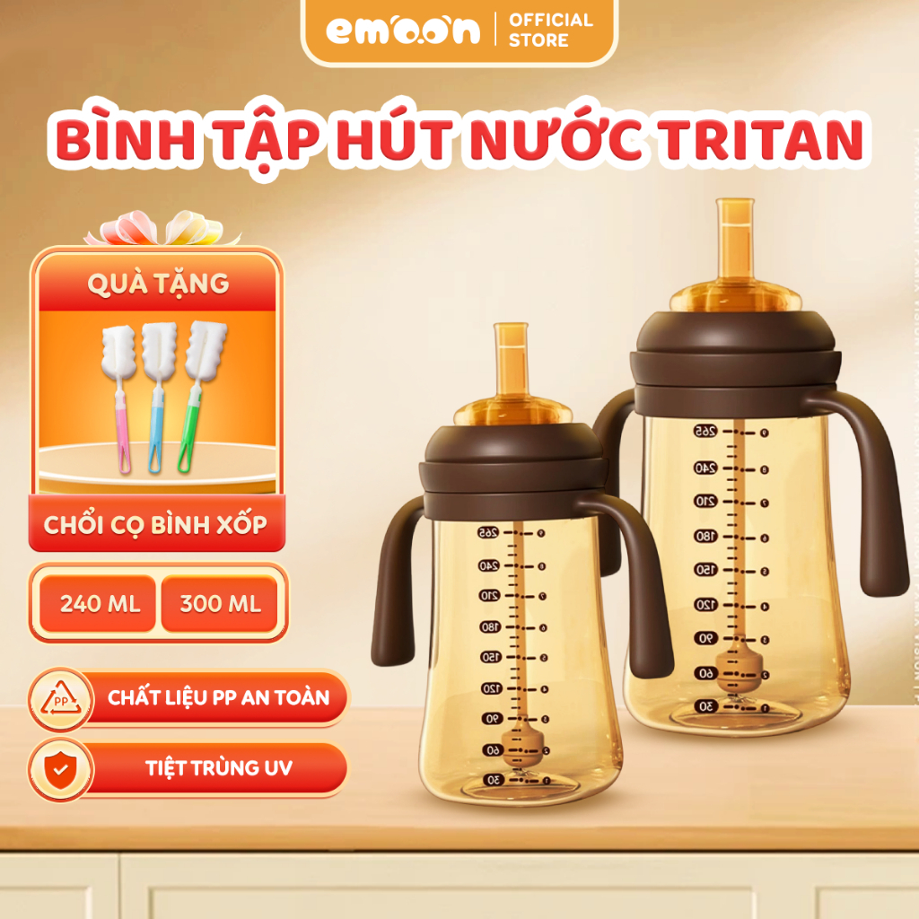 Bình tập hút nước Emoon Tritan có van chống sặc, dễ cầm nắm cho bé từ 5 tháng tuổi