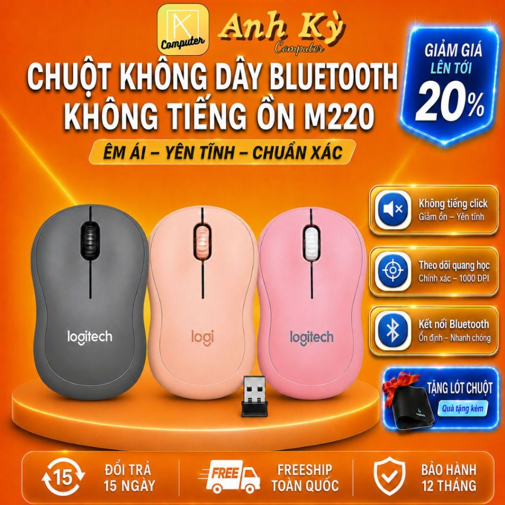 Chuột Không Dây Silent 𝙈-𝙎𝙚𝙧𝙞𝙚𝙨 M220, Chuột văn phòng không gây tiếng động - BH 12 tháng 1 đổi 1