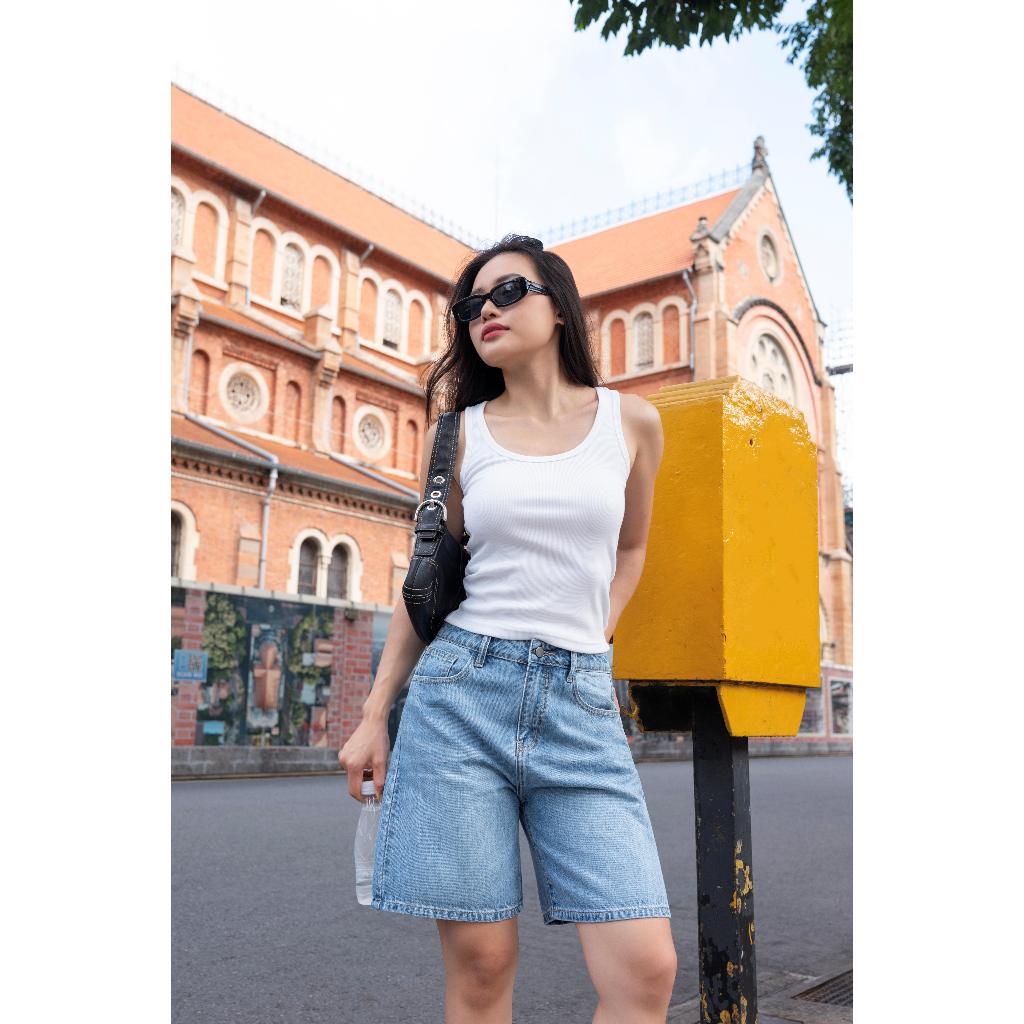HASHTAGEM - Quần Short Lửng Ngố High Rise Denim Shorts Light Blue HDS.1 Form Rộng, Xanh Nhạt Wash