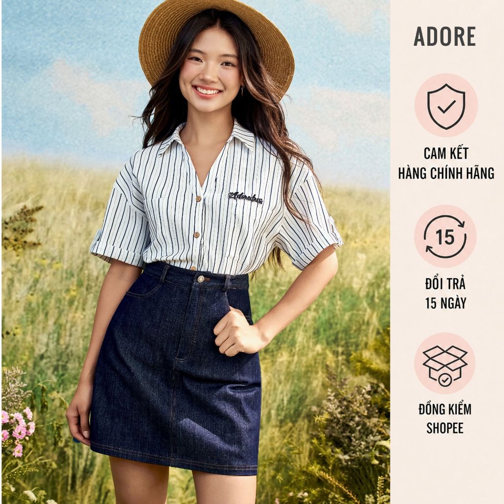 Chân váy A denim kem/xanh chàm basic 611SK0009