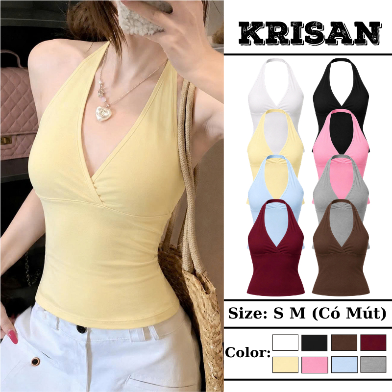 Áo Yếm Nữ KRISAN Cổ V Có Mút Ngực Hở Lưng Áo Halter Ôm Body Co Giãn 4 Chiều Hack Eo Tôn Dáng Mặc Đi Chơi Du Lịch Đi Biển