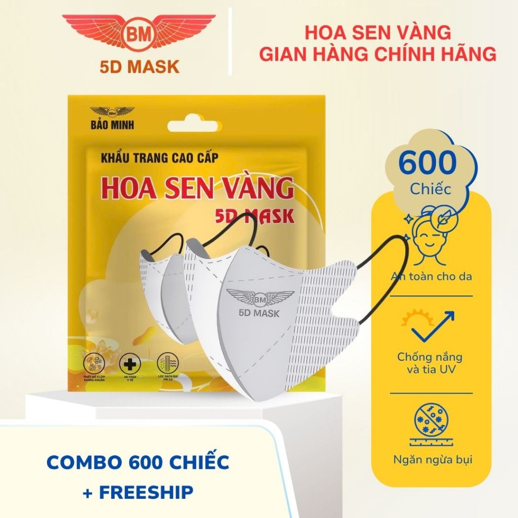 Combo 600 chiếc và Combo 400 chiếc khẩu trang Hoa Sen Vàng kháng khuẩn, chống bụi, chống tia UV