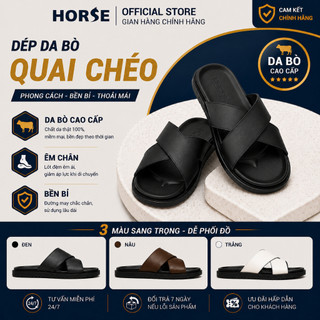 [ Horse Store ] - Dép Da Bò 2 Dây Chéo Thời Trang Nam Nữ, Đế Cao Su , Lót Đế Êm,  3 Màu Đen Trắng Nâu  - QX01.