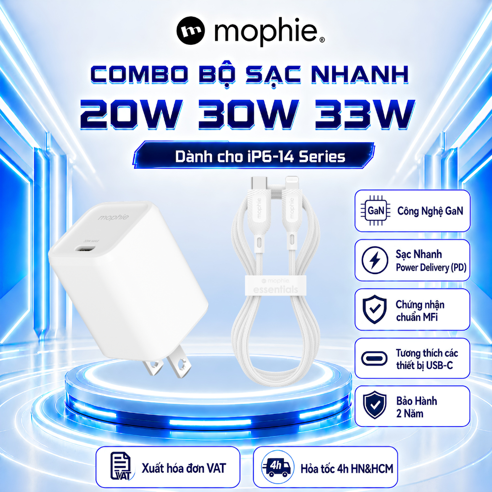 [iP 6-14 Series] Combo Sạc Nhanh Mophie PD 20W 30W 33W Công Nghệ GaN, Bảo Hành 2 Năm, Hàng Chính Hãng