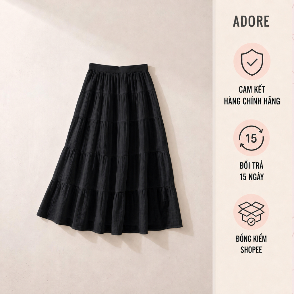 Chân váy maxi tơ nối tầng 3 màu xanh, trắng, đen 613SK5004
