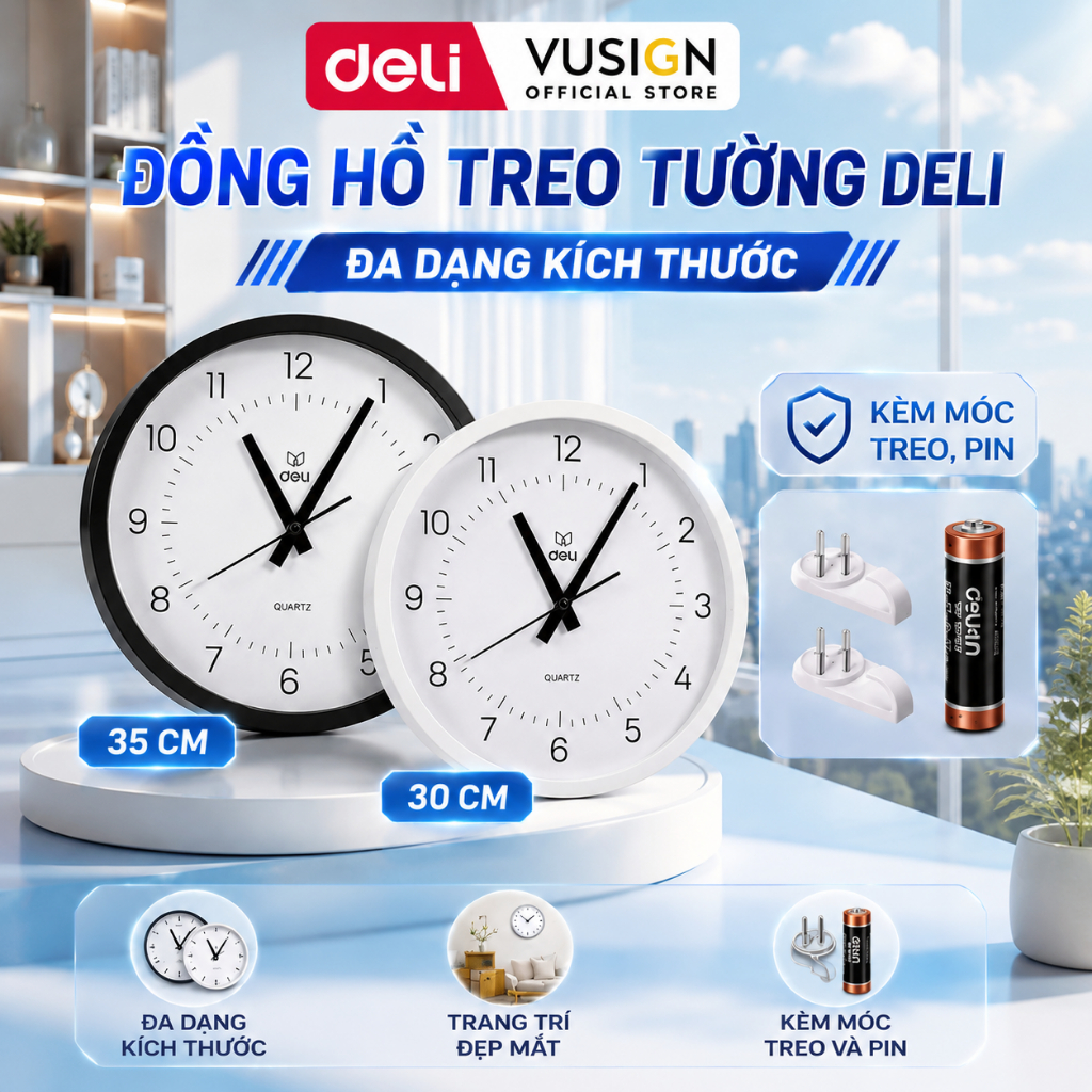 Đồng hồ treo tường kim trôi Deli không ồn phong cách tối giản minimalism trang trí decor phòng khách